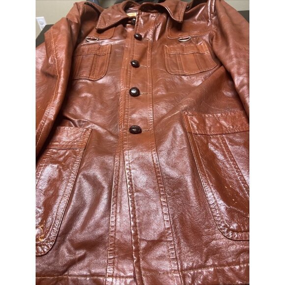 Vintage Rice Sports Wear 70s Men 42 Brown Leather Hipster Mod Disco Plaid Coat - Picture 12 of 12